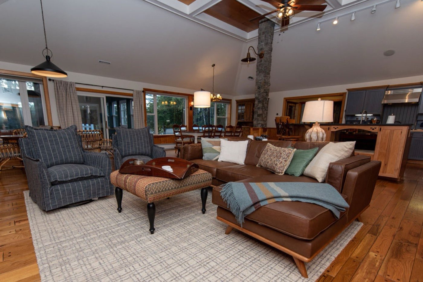 The great room in the main house at Camp Sunnyside, set up for a large family to gather.